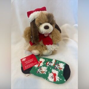 GANZ Brown and White Stuffed Dog with Red Santa Hat